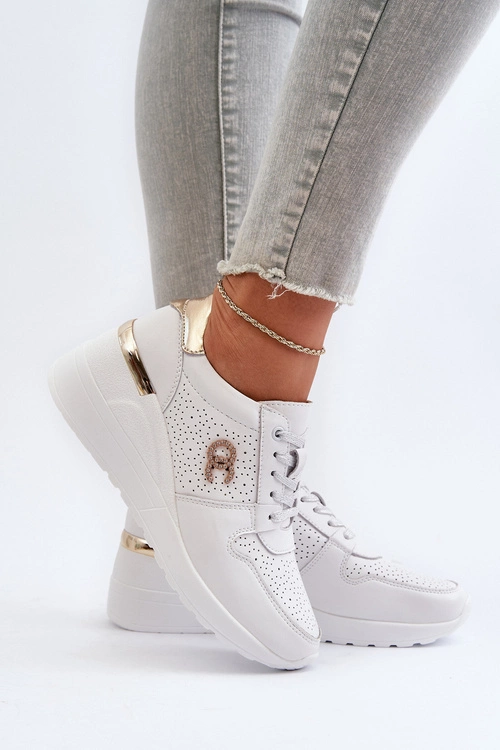 Damskie Skórzane Sneakersy Na Koturnie Białe D&A LR810