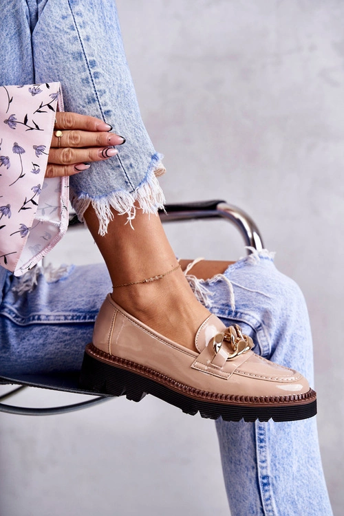 Lakierowane Półbuty Loafery Na Platformie Beżowe Reidun