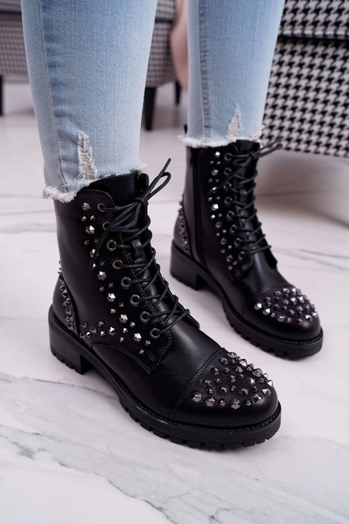 Damskie Botki Workery Z Dżetami Czarne Gether