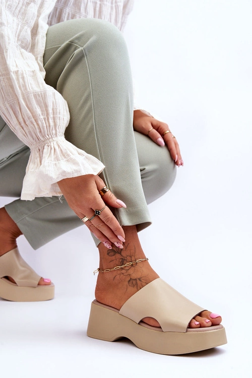 Damskie Klapki Skórzane Na Platformie Beżowe Lemar Lucami