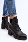 Skórzane Botki Damskie Na Słupku Czarne Lemar Leocera