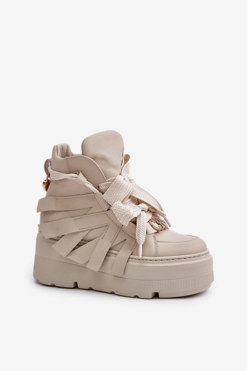 Skórzane Sneakersy Damskie Na Masywnej Platformie CheBello 4561 Beżowe