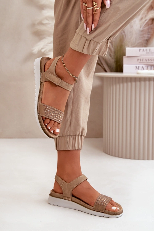 Lekkie I Wygodne Zdobione Sandały Damskie Na Rzep Ciemnobeżowe Inblu CN000039