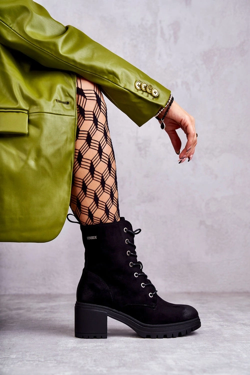 Damskie Zamszowe Botki Na Obcasie Czarne Grethe