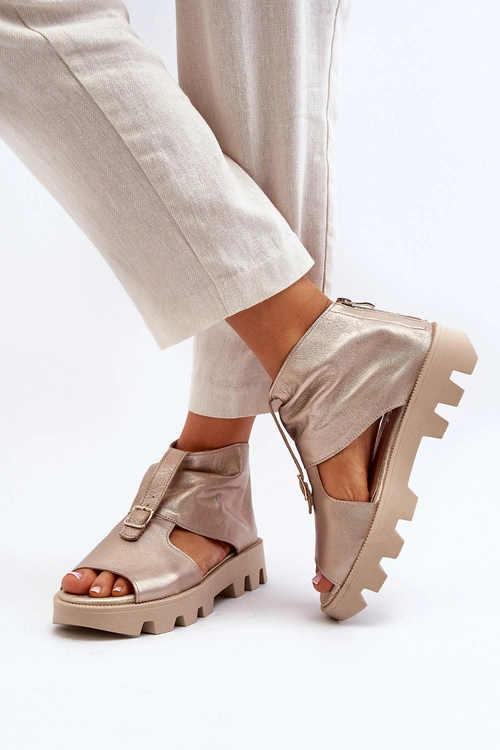 Zazoo 999 Skórzane Sandały Damskie Z Zamkiem Złote