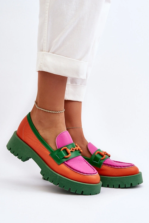 Mokasyny Skórzane Damskie Z Ozdobą CheBello 4444 Pomarańczowe