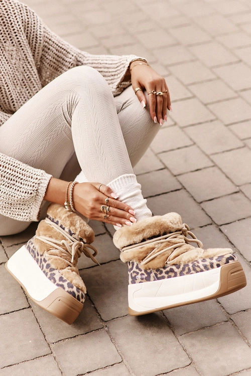 Skórzane Śniegowce Damskie Na Grubej Podeszwie Z Futerkiem Panterka Big Star OO274A208 Brązowe