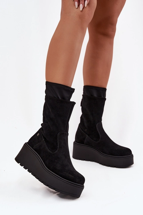 Damskie Skórzane Zamszowe Botki Na Masywnej Platformie Maciejka A7161-20 Czarne