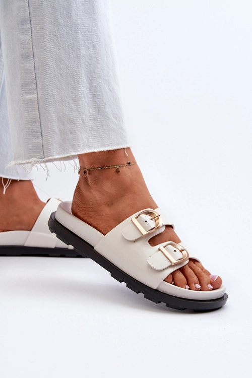 Klapki Damskie Eko Skórzane Z Klamrami Białe Valmira