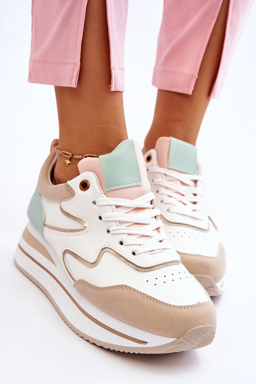 Modne Skórzane Buty Sportowe Biało-Beżowe Roen