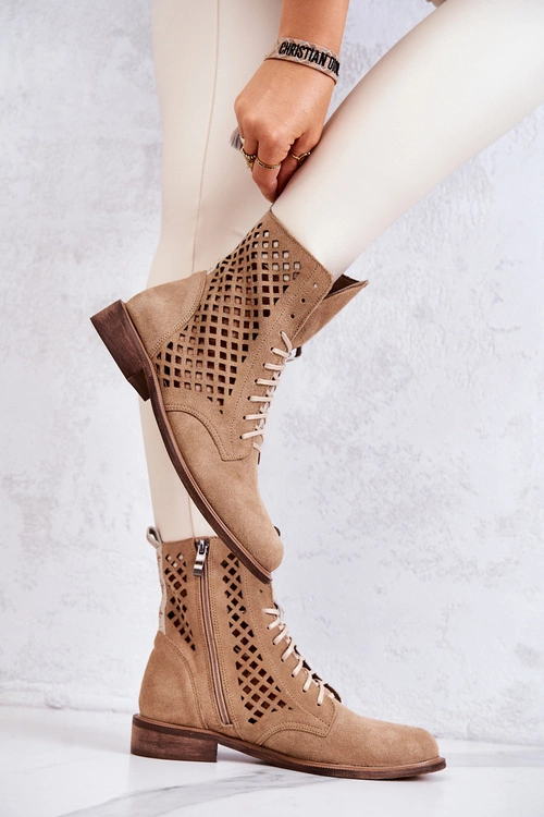Ażurowe Zamszowe Botki Wiązane Nicole Camel 2696