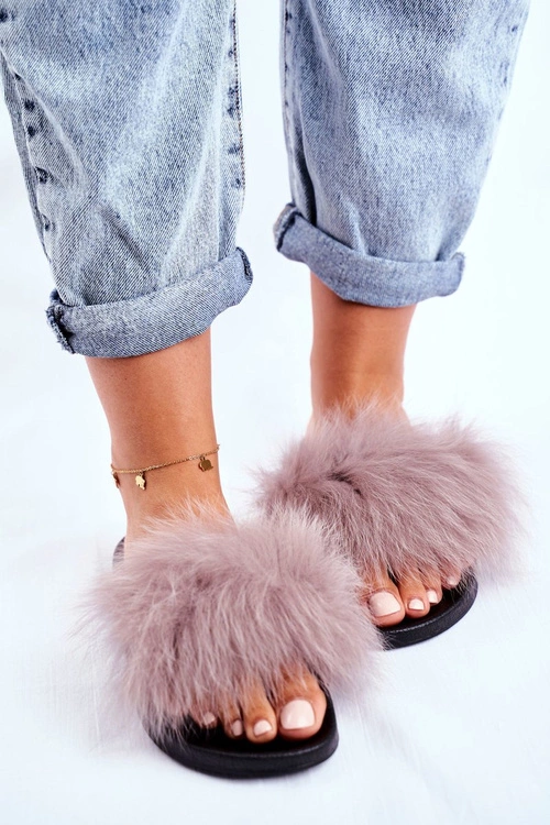 Klapki Damskie z Naturalnym Futerkiem Jasno Szare Bushido