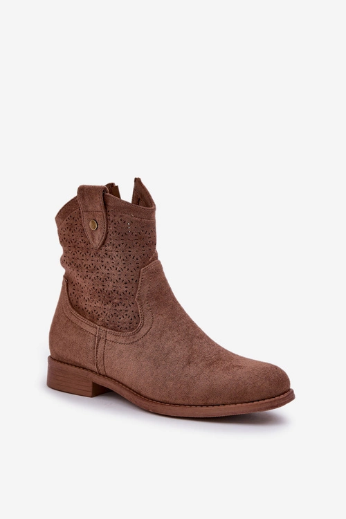 Ażurowe Botki Na Płaskim Obcasie S.Barski HY51-063 Brązowe