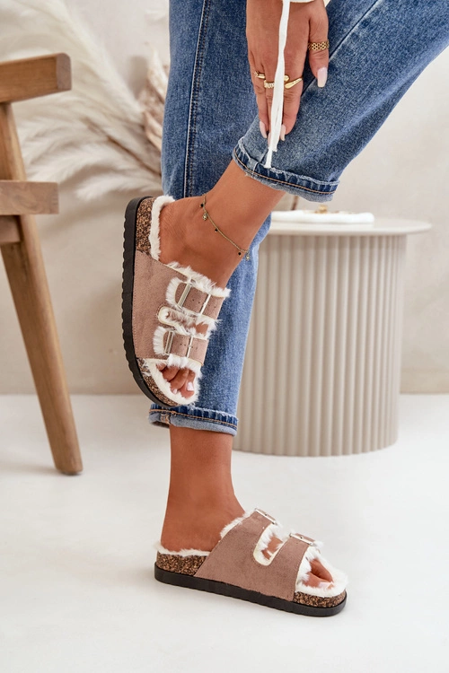 Damskie Kapcie Klapki Z Klamrami I Futerkiem Beżowe Ezilena