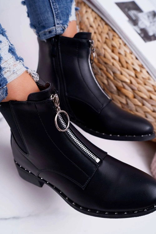 Botki Damskie Płaskie Ozdobny Suwak Czarne Vermina