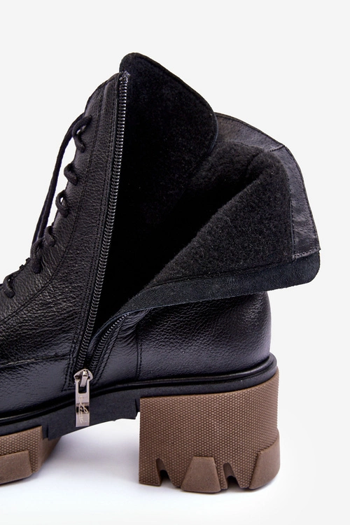 Skórzane Damskie Ocieplane Botki Trapery Czarne Lemar Rehin
