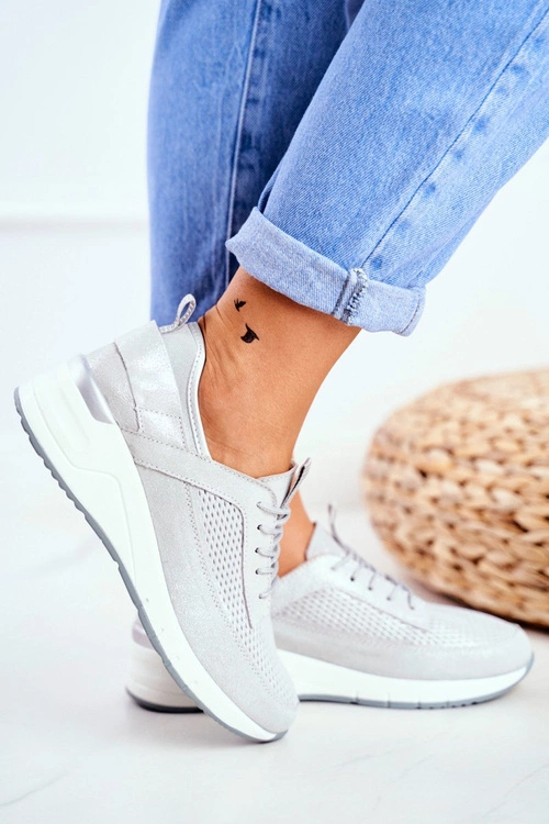 Obuwie Sportowe Damskie Skórzane Srebrne Love Me