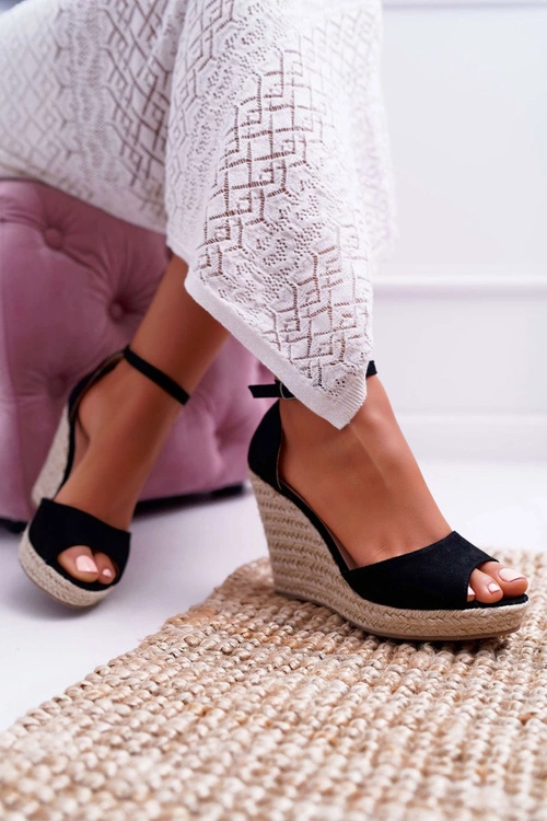 Sandały Damskie Na Koturnie Espadryle Czarne Trame