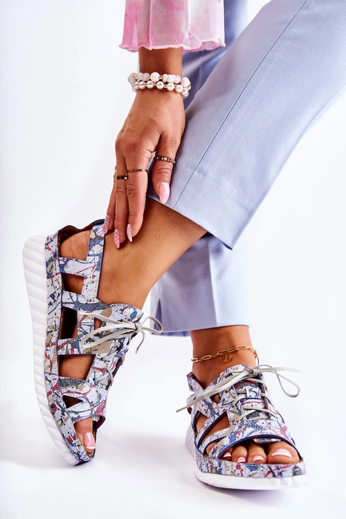 Damskie Skórzane Sandały Na Rzep 05375-06 Niebieskie