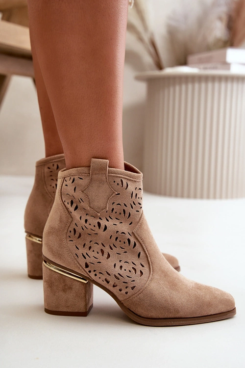 Ażurowe Botki Kowbojki Na Słupku Zapinane Na Zamek Brązowe Vosilara