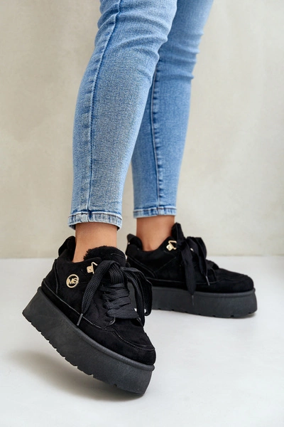 Ocieplane Futerkiem Sneakersy Damskie Na Platformie Czarne Velarisea