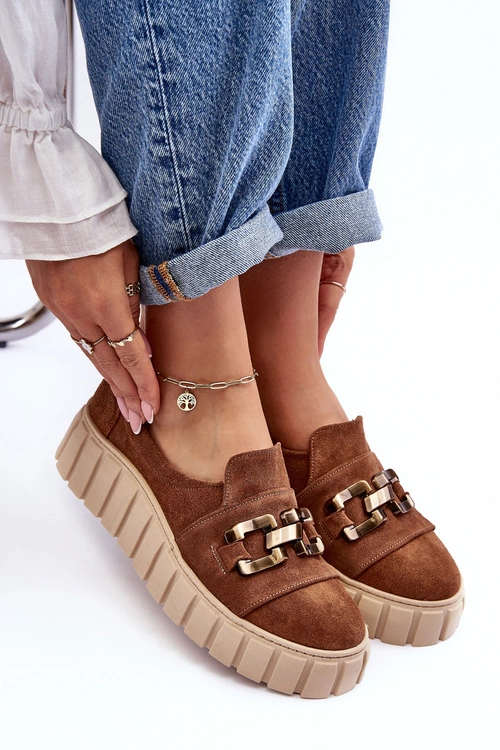 Zamszowe Półbuty Damskie Na Platformie Z Ozdobą Brązowe Lewski 3398