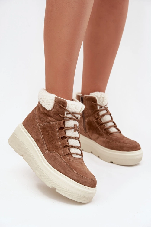 Zamszowe Śniegowce Damskie Z Kożuszkiem Na Platformie Vinceza 95354 Camel
