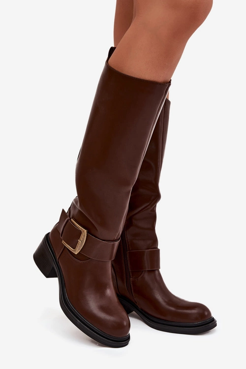 Ocieplane Kozaki Damskie Na Klocku Z Klamrą Czekoladowe Raphaela