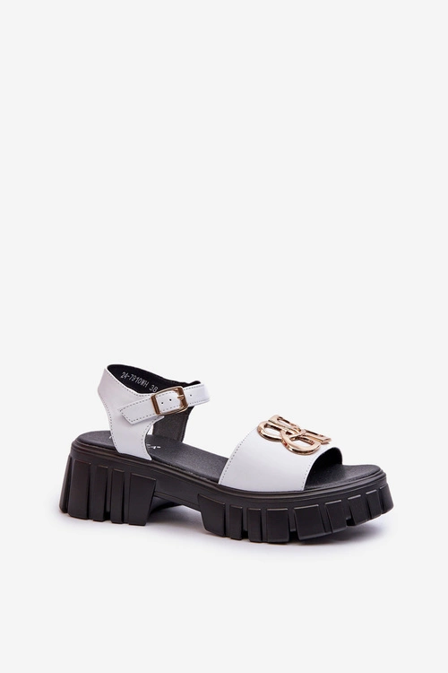 Skórzane Sandały Damskie Ze Złotą Ozdobą Białe Vinceza 7910