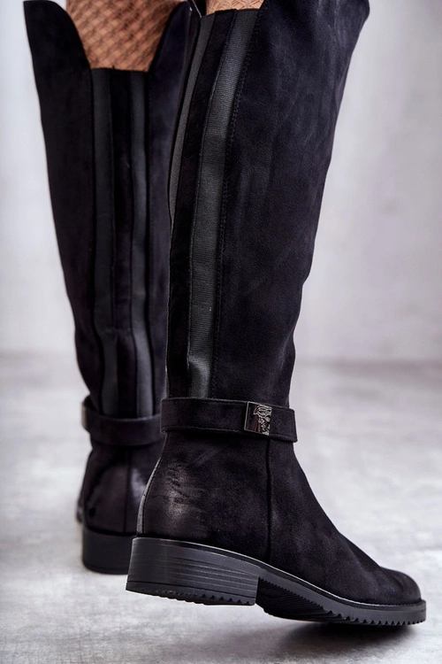 Zamszowe Damskie Kozaki Na Płaskim Obcasie Czarne Henrike