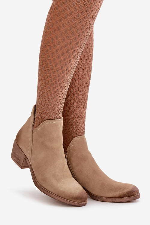 Zazoo 60475 Zamszowe Botki Damskie Na Niskim Obcasie Ocieplane Beżowe