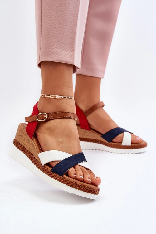 Sandały Na Koturnie Z Paskami Biało-Granatowe Kioda