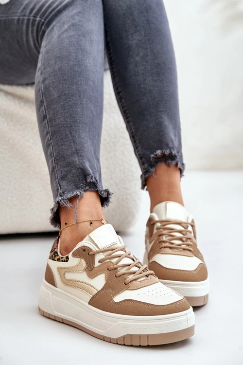 Damskie Sneakersy Z Eko Skóry Na Platformie Panterka Beżowe Henizore