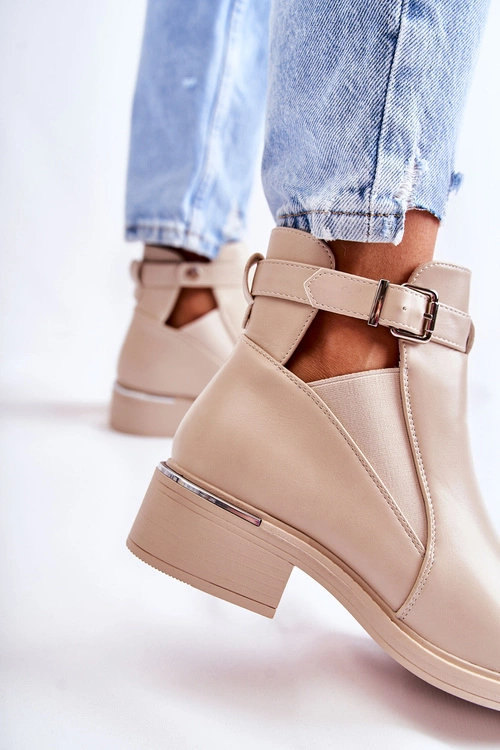 Damskie Skórzane Botki Na Płaskim Obcasie Beżowe Marla