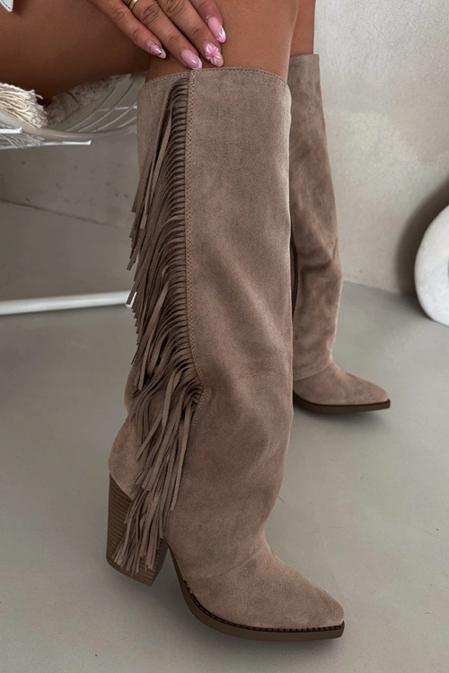 Kozaki Kowbojki Damskie Z Frędzlami Na Słupku Beżowe Tivara