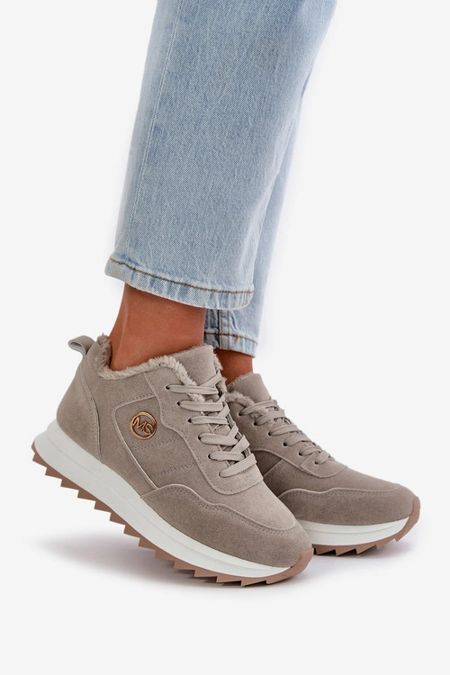 Ocieplane Skórzane Buty Sportowe Na Platformie Szare Adite