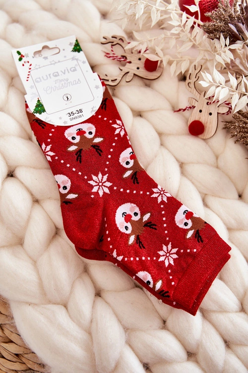 Damskie Świąteczne Skarpetki Błyszczące Renifery Czerwone