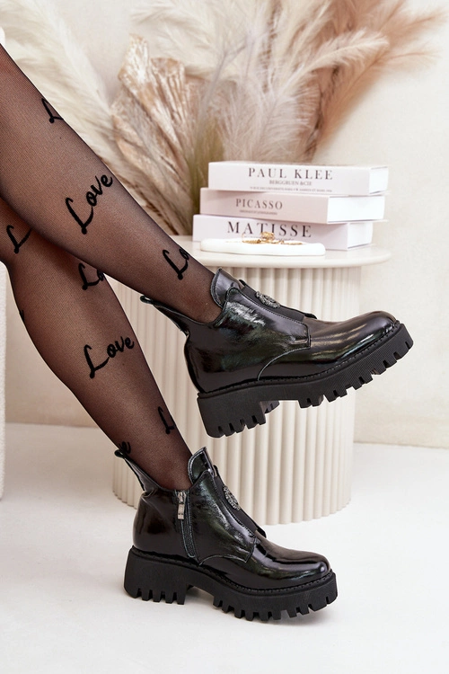 Zazoo 60451 Damskie Skórzane Botki Z Ozdobą Lakierowane Czarne