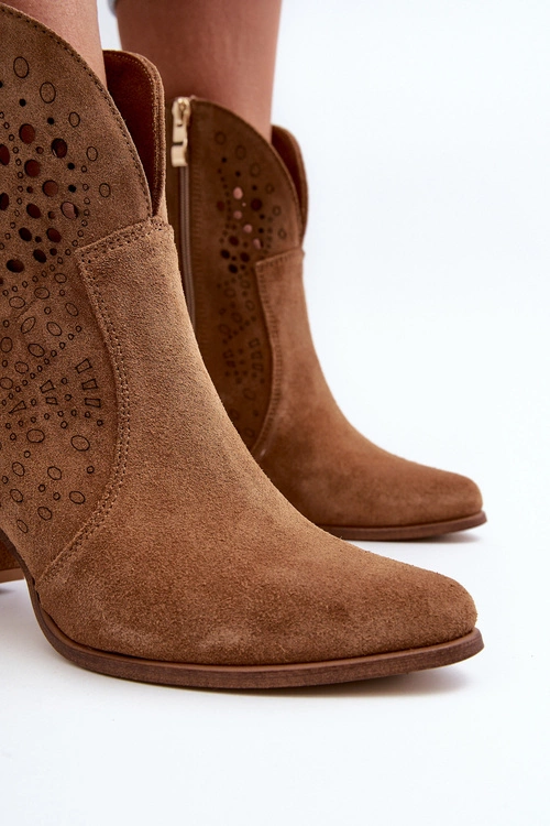 Zazoo 3166 Damskie Ażurowe Botki Na Obcasie Zamszowe Camel