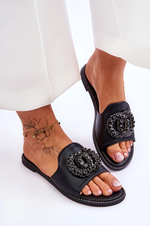 Damskie Płaskie Klapki Z Ozdobami S.Barski KV-520-3 Czarne