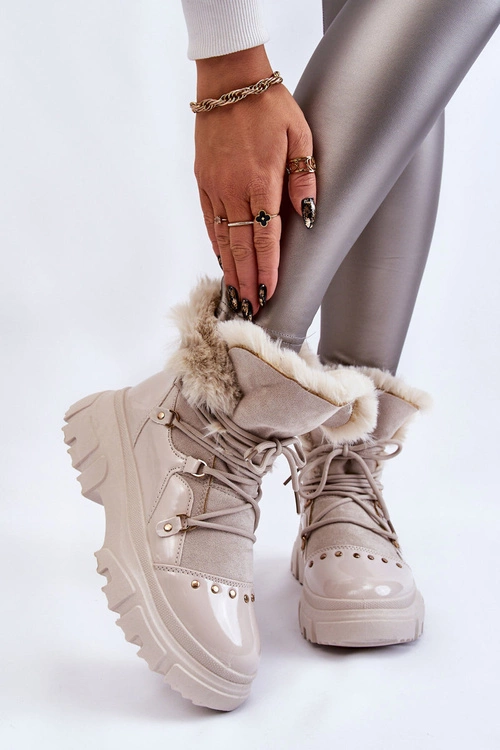 Damskie Botki Z Futerkiem Sznurowane Jasnobeżowe Merron
