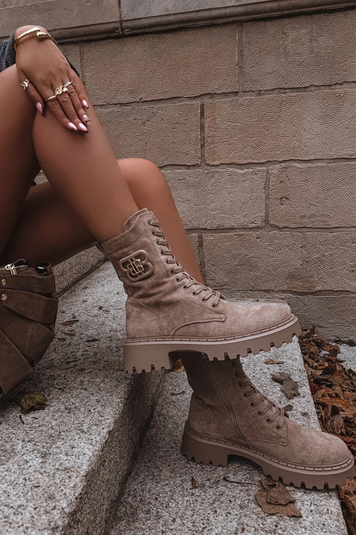 Botki Wokrery Damskie Z Ozdobnym Elementem Ocieplane Beżowe Kalindra