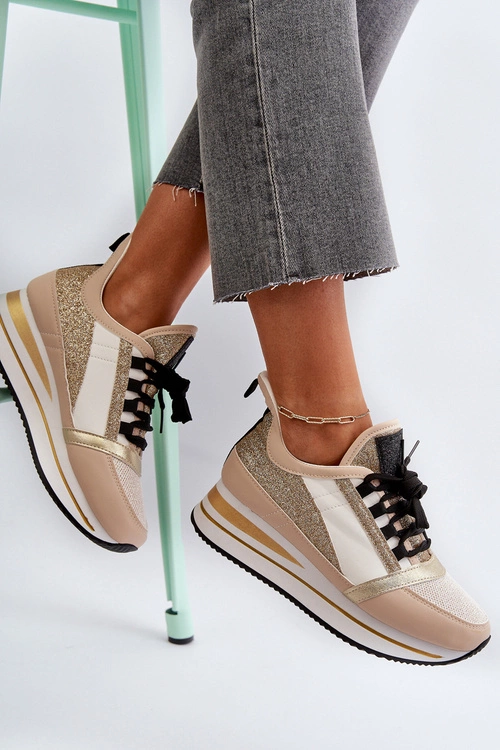 Damskie Sneakersy Na Koturnie I Platformie Z Brokatem Złote Rafani 