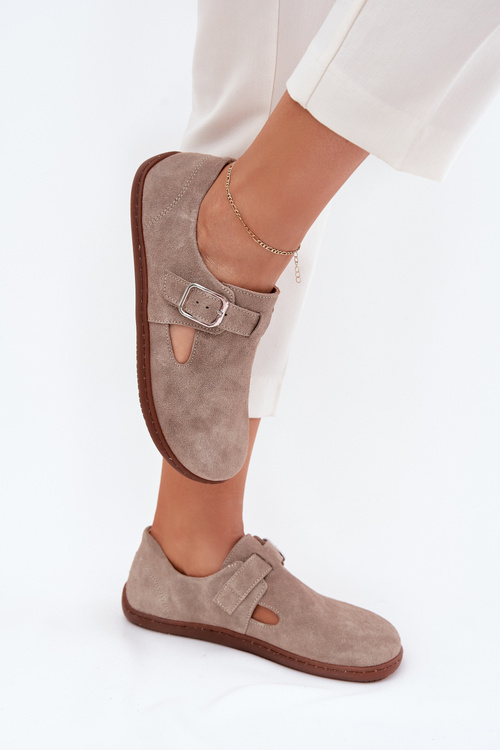 Zamszowe Półbuty Barefoot Damskie Z Klamrą Zazoo N1261 Beżowe