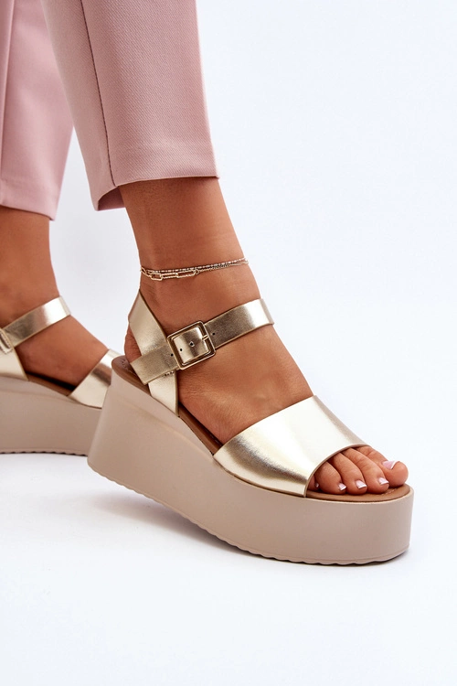 Damskie Sandały Na Koturnie Złote Geferia