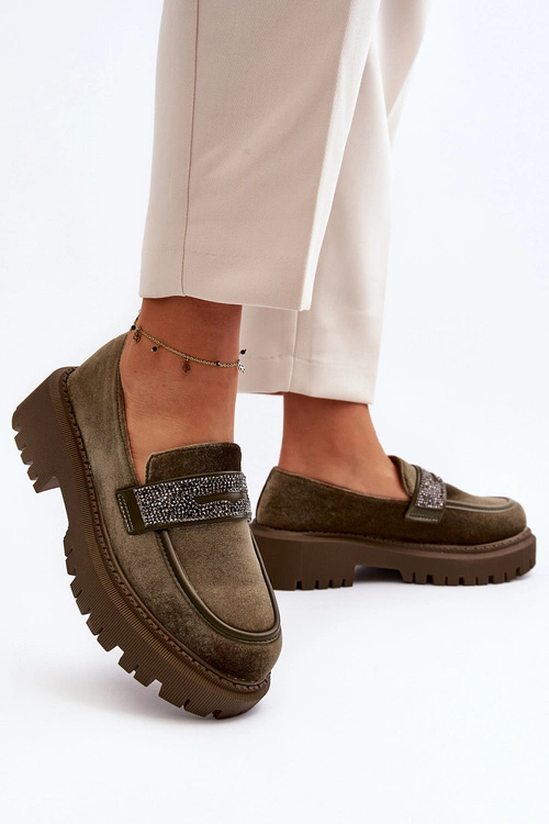 Damskie Welurowe Mokasyny Z Ozdobą Ciemnozielone Wendreda