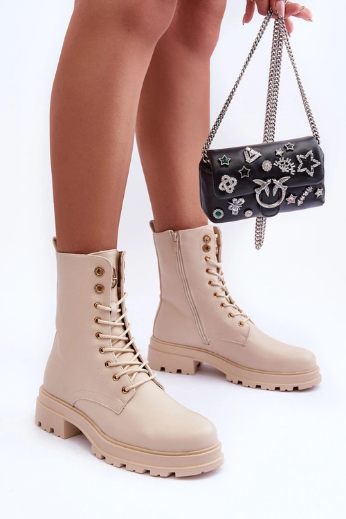Skórzane Workery Botki Z Ozdobą Beżowe Yemannis