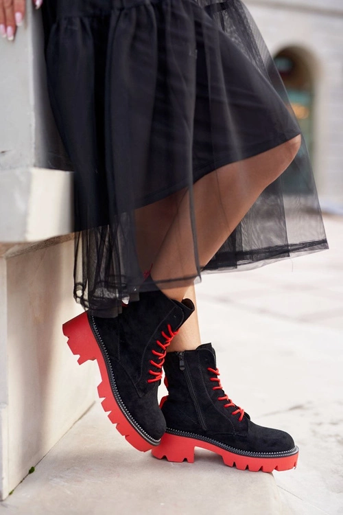 Botki Damskie Trapery Czarne Czerwone Zamszowe Malawi