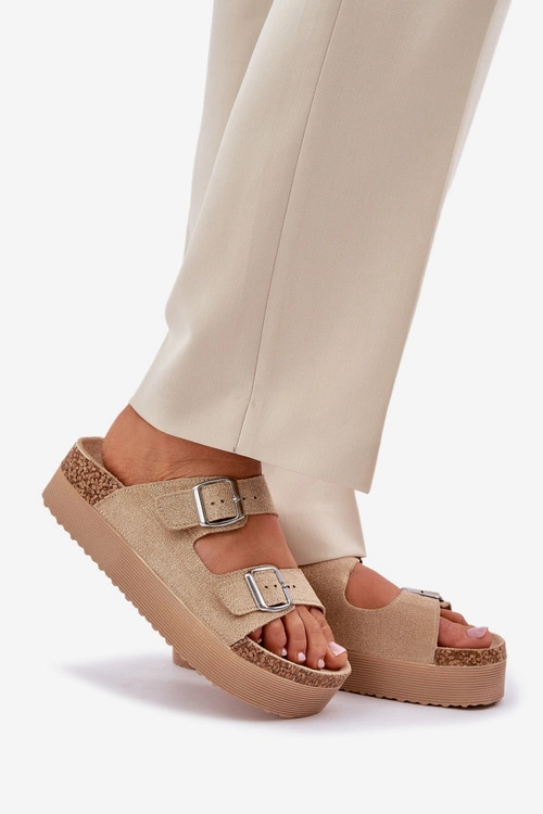 Klapki Damskie Na Masywnej Platformie Z Klamrami Beżowe Aramia