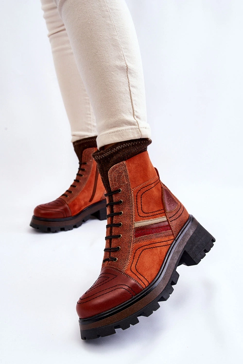 Damskie Skórzane Botki Na Płaskim Obcasie Maciejka 05624-08 Pomarańczowo-Brązowe